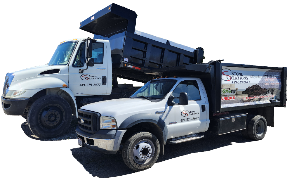 Stone Creations delivery trucks for mulch, stone, and gravel delivery throughout Ohio